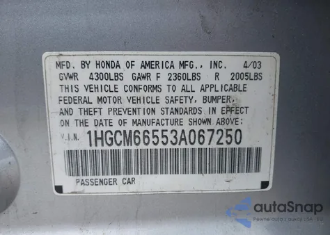 2003 Honda Accord 3.0 Ex z USA, uszkodzony, nr VIN 1HGCM66553A067250